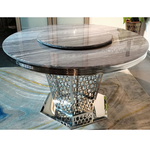 Plateau <span class=keywords><strong>en</strong></span> marbre rond double épaisseur de luxe et table à manger avec plateau pivotant <span class=keywords><strong>en</strong></span> acier inoxydable à base dorée - Product Image 1
