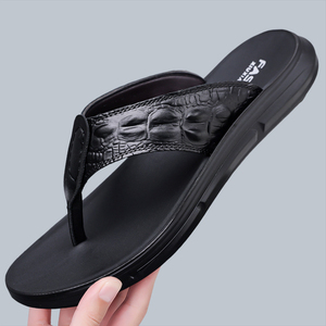 Sandales d'été pour hommes en cuir de vache, motif croco gaufré, semelle épaisse antidérapante, imperméables, pour la marche quotidienne en extérieur, chaussures décontractées - Product Image 1