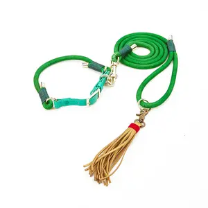 Anti Pulling No Pull Strong Nylon Leather Training Swivel Metal Buckle Tassel P Rope Dog Leash Dog Collar Leash Set