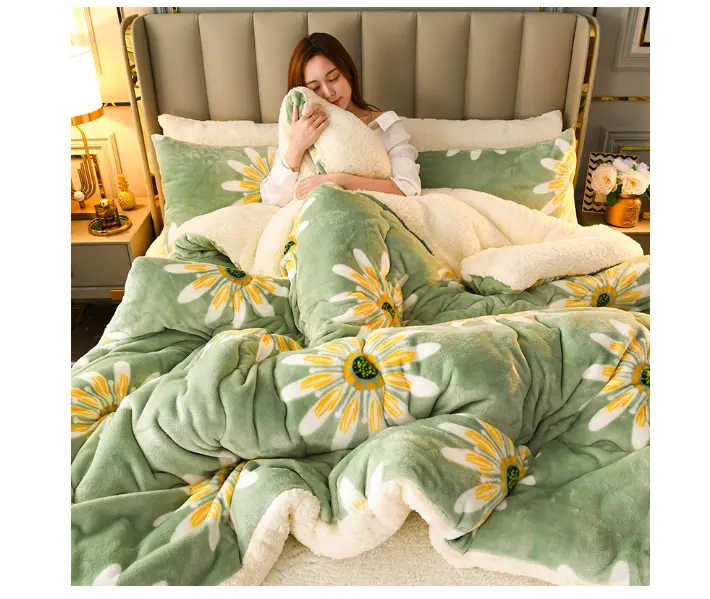 Phong cách Hàn Quốc hoa 3D in ngủ Viện trợ màu xanh lá cây mùa đông dày đảo ngược Sherpa Comforter