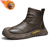 Bottes de motard montantes décontractées pour homme, style rétro britannique, en polyuréthane, avec fermeture éclair intérieure épaissie et semelle extérieure en PVC, pour le travail.
