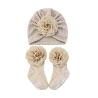 Conjunto de Gorro y Calcetines de Gasa con Flores Tejidas para Bebé, Accesorios Transpirables para Bebés de 0 a 6 Meses
