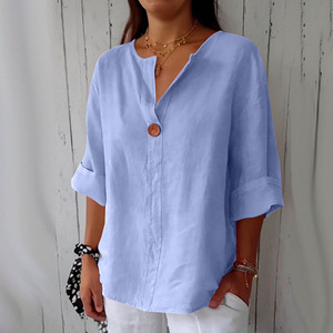 New women's European and American casual cotton <b>linen</b> satin T-shirt loose V-neck button casual solid color <b>top</b> - Product Image 5