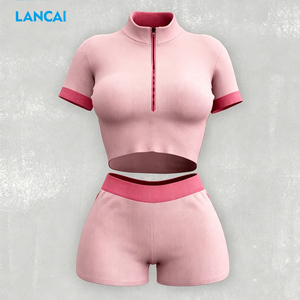 Lancai Custom Zip up Yoga Top and High Waist Shorts Leggings Gym Fitness Sportswear Workout Outfits Two Piece Set Women Clothing - Product Image 2