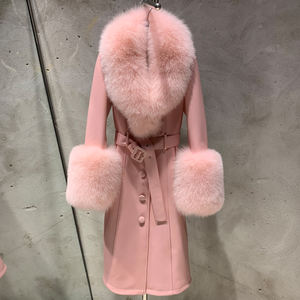 معاطف ترنش طويلة واقية من الرياح لعام 2024، جاكيتات من جلد الغنم الأصلي، معطف جلدي وردي طويل للنساء - Product Image 1