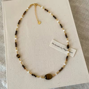 Collar de Moda para Mujer, Estilo Vintage, Cadena para Clavícula de Doble Capa, Chapado en Oro Real, con Colgante de Piedra de Ojo de Tigre Natural - Product Image 1