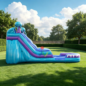 Tobogán Acuático Inflable de Doble Carril con Diseño de Medusas y Piscina, Ondas Azules con Criaturas Oceánicas, Fabricado con Lona de PVC de Grado Comercial - Product Image 3