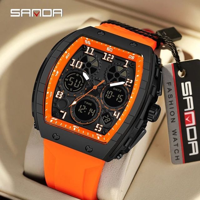 Sanda 6157 Men Sports Luxury Digital Wrist Watch Dual Display Chronograph with Luminous Silicone Band 51mm Band Tonneau Watches