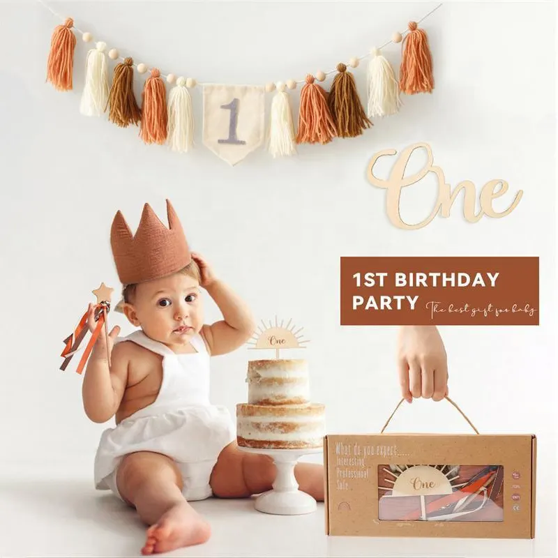 Venta al por mayor sombrero de cumpleaños Banner Cake Topper corona conjuntos de un año de edad trona bebé macramé decoraciones para fiesta de feliz cumpleaños