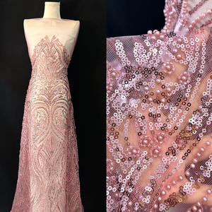 قماش دانتيل عضوي صديق للبيئة مزين بالخرز والترتر مع خيوط معدنية 300 جرام/متر لفساتين الزفاف والمناسبات الخاصة - Product Image 1