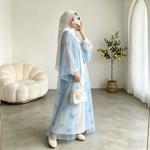 Sky Blue Butterfly Abaya <b>Set</b> For Women Sheer Organza Tulle Open Abaya With Dress Elegant <b>Modest</b> Muslim Outfit - Product Image 3
