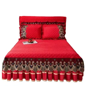 Gonne da letto in velluto trapuntato in peluche con fiore rosso da sposa in stile americano con pizzo ricamato stampato in 3D