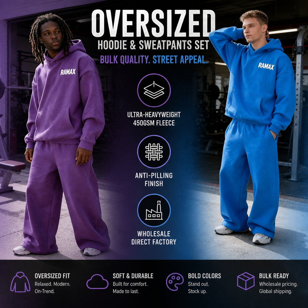 RAMAX Custom Oversized Heavyweight Fleece Hoodie Set Tracksuit Sweatpants Two Piece Set Wholesale Gym Wear OEM Factory · image 5