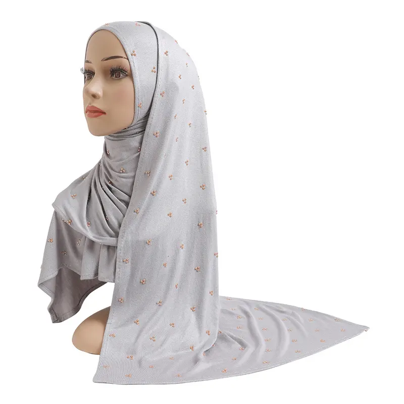 Nouvelle arrivée chaude Premium extensible respirant coton Jersey Hijab avec perles de mode musulman élastique Jersey châle foulard foulards