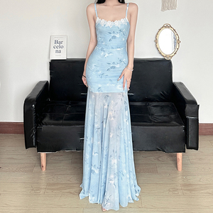 Romantic Floral Beach Vacation <b>Spaghetti</b> <b>Strap</b> Dress Elegant Mesh Women's Mermaid Dress - Product Image 2