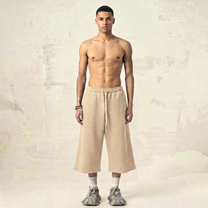 Shorts Jogger Homme Beige 100% Coton Toile Unie Écologique Anti-Plis Respirant Style Urbain Taille Mi-Haute avec Cordon de Serrage - Product Image 1