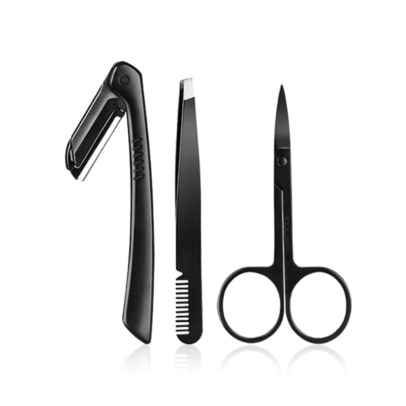 3pcs/Set Black Eyebrow Tweezer Flat Tip Clip Curved Scissors Razor Trimmer Nose Eyelash Hair Removal Stainless Steel Makeup Set
