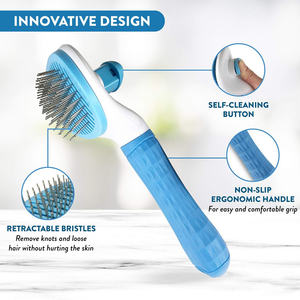 Factory Wholesale Stainless Steel & Plastic Custom Logo Self Cleaning <b>Cat</b> & Dog Pet Fur Deshedding Grooming Brush - Product Image 3