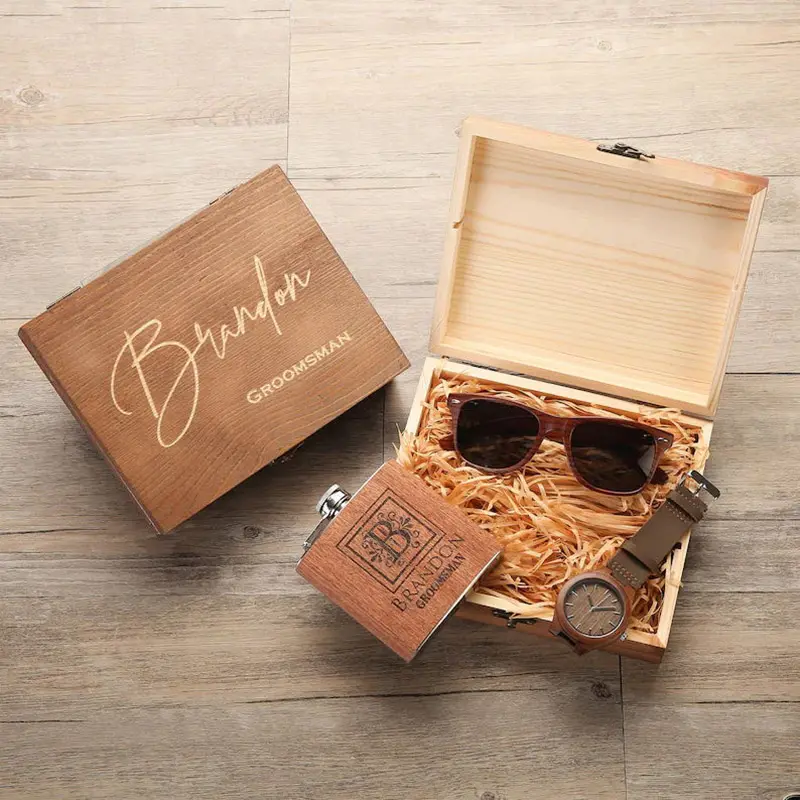 Caja de madera marrón para boda, álbum de mejores hombres, regalo de cumpleaños, caja de almacenamiento conmemorativa de madera con tapa con bisagras