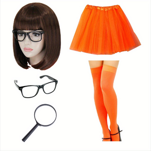 PESENAR Conjunto de accesorios de disfraz de <span class=keywords><strong>Velma</strong></span> Dinkley con peluca bob, gafas redondas, falda tutú naranja y calcetines hasta el muslo - Product Image 1
