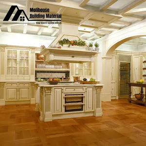 Kabinet dapur kayu buatan kustom gaya Eropa desain kualitas tinggi pengocok putih kabinet dapur kayu padat