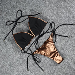 2024 nouveau maillot de bain métallique solide coupe haute jambe Fitness Bronze couleur pansement deux pièces maillot de bain brillant Micro string or Bikini ensemble - Product Image 3