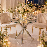 Table de mariage en acier inoxydable argenté avec plateau rond en verre, élégante, pour la décoration de boutiques, cafés et restaurants