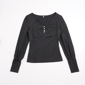 Blusa Elegante Casual de Mujer con Cuello en V, Botones Frontales, Busto Fruncido, Cintura Ajustada y Mangas Largas Abullonadas Estilo Urbano - Product Image 6