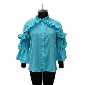 Blusa de chifón tejido turquesa con volantes en las mangas acampanadas y cuello con volantes, botones, corte holgado informal, ideal para verano. - Product Image 1
