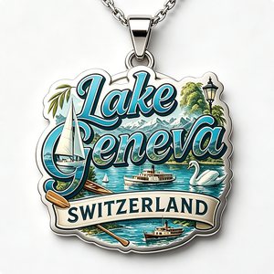 Pendentif souvenir du lac Genève, Suisse, en alliage de zinc plaqué argent, émail dur, forme irrégulière, impression numérique, artisanat métallique - Product Image 5