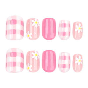 Vente chaude forme carrée <span class=keywords><strong>courte</strong></span> Floral Nail Art conseils frais blanc marguerite presse faux ongles ensemble réutilisable marchés transfrontaliers - Product Image 5