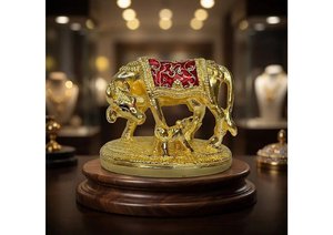 OM Shubh Labh Gold Plated Cow and Calf Figurine Kamadhenu Idol <b>Religious</b> Home Decor Decorative Gift <b>Statue</b> - Product Image 2