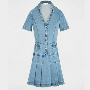 <span class=keywords><strong>Abito</strong></span> Mini a Linea A con Bottoni Frontali e Pieghe, Tasche Laterali, Vestito Casual da Donna in <span class=keywords><strong>Denim</strong></span> a Maniche Corte con Colletto a Risvolto - Product Image 5