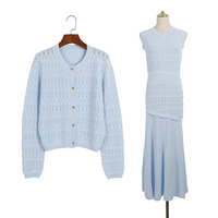 Nouvelle Collection Automne 2026 : Ensemble Deux Pièces Tricoté pour Femme – Cardigan à Col Rond et Manches Longues avec Robe Décontractée Sans Manches