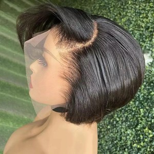 Perruque coupe pixie lisse dentelle transparente cheveux humains perruque courte Bob perruque <span class=keywords><strong>T</strong></span> partie dentelle préplumée perruque de cheveux humains pour les femmes - Product Image 1