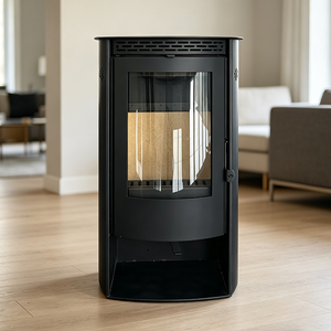 Poêle à <span class=keywords><strong>bois</strong></span> moderne en acier courbé sur mesure avec verre panoramique et rangement pour bûches, idéal pour villa - Product Image 5