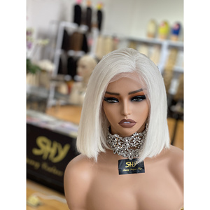 SHY Charisma # Pelucas de Cabello Virgen Rubio Platino 60, con Frente de Encaje Transparente, para Mujer, Estilo Bob Corto y Grueso, Cabello Ondulado - Product Image 2