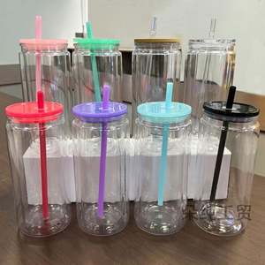 Oferta Especial: Vaso de Vidrio de 16oz con Doble Pared, Estilo Bola de Nieve, con Tapas con Orificio Pre-perforado y Tapones, Tapas de Colores, Cuerpo Transparente, Estilo DIY - Product Image 2