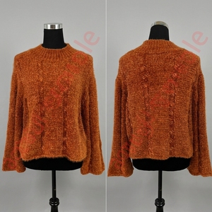 Pull en fil de plumes orange rouille douillet à col rond, épaules tombantes, style rétro, couleur caramel, tricot ample pour <span class=keywords><strong>femme</strong></span> - Product Image 5