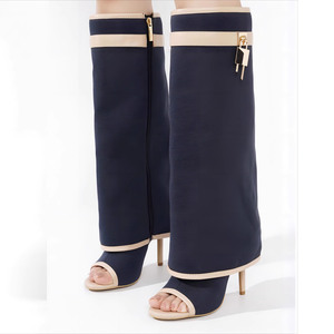 Kadın diz-yüksek Fishnet çizme sivri burun yaz Peep Toe sandalet yüksek topuklu Stiletto Metal köpekbalığı kilit örgü tasarımı - Product Image 3