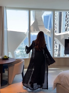 Hafizah Neue Marineblaue Vertikal Gestreifte Transparente Offene Abaya Langarm Lose Bescheidene Dubai Muslimische Damen Lange Kimono Strickjacke Großhandel - Product Image 6