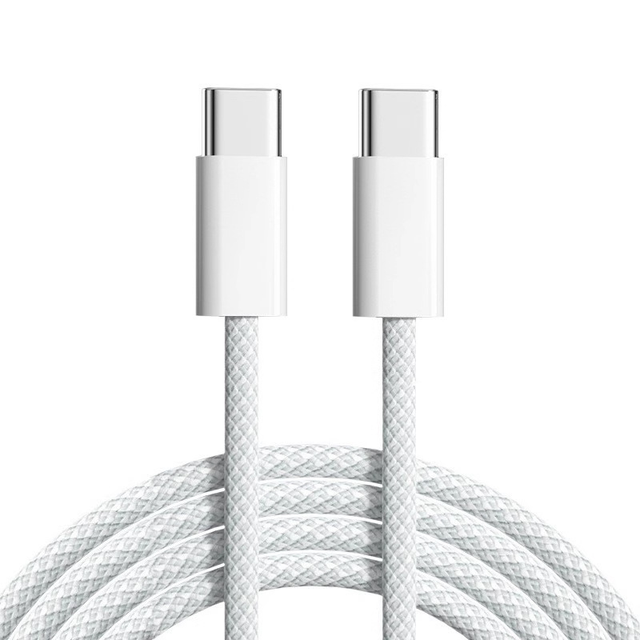 White Braided USB-C to C Cable PD Fast Charge, Durable Nylon for Laptop/Phone Office Travel Home Use High-Speed Data Sync