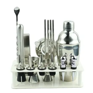Stainless Steel Material Cocktail Shaker Set 18 Pieces Bar Set Cocktial Shaker Set with White Acrylic Stand