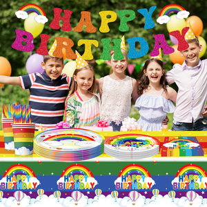 Rainbow Theme Party Supplies Einweg papier Geschirr Set Kinder geburtstag Valentinstag Tisch dekoration Banner Dinner - Product Image 3