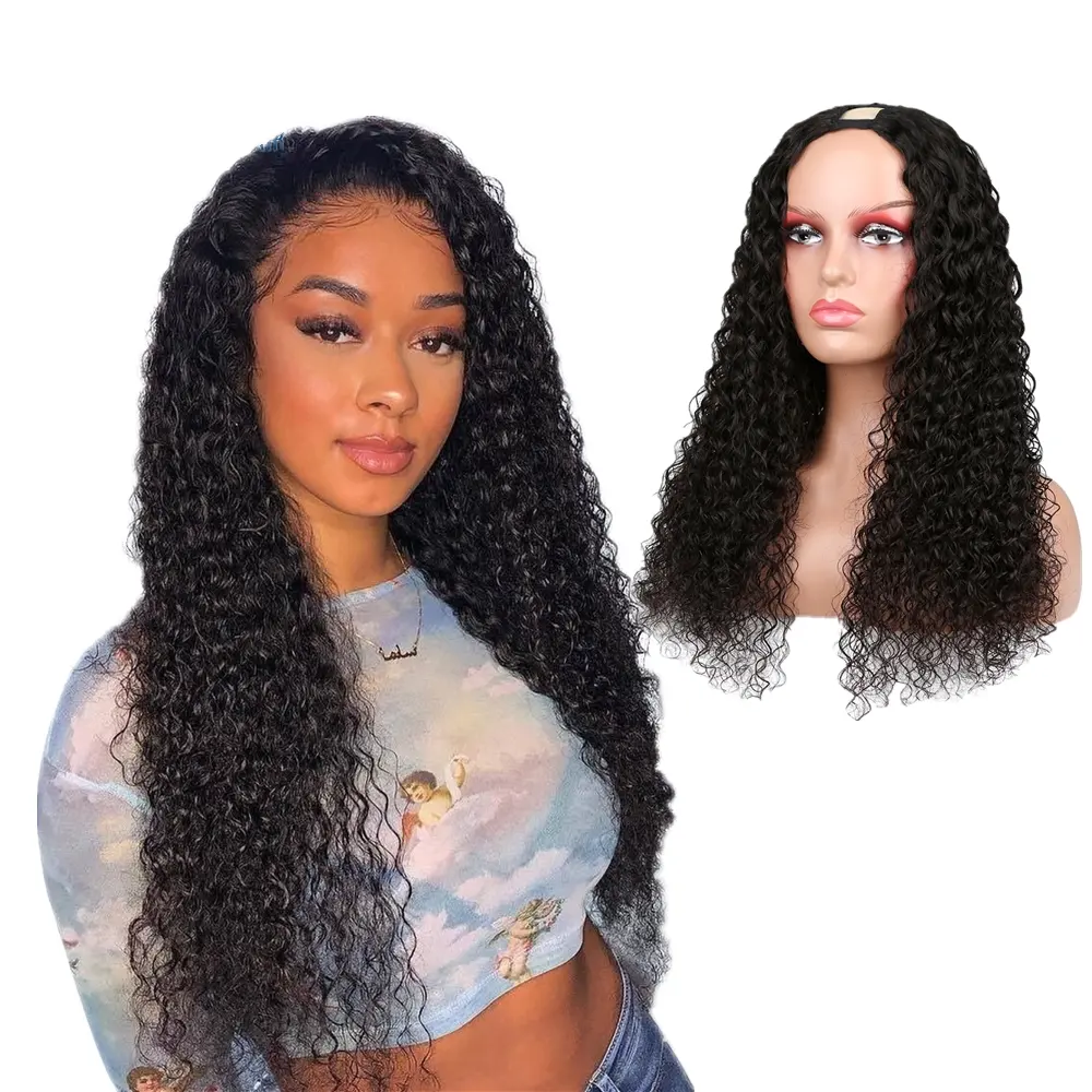 Cheap U Part Kinky Curly Original Brazilian Human Hair Gulessless Transparent Invisible Lace Front Wig with Baby Hair
