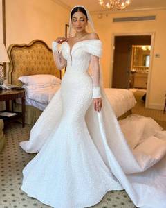 S4366L New Pearl-embellished Off-shoulder Long Sleeves Exquisite and High-end <strong>Romantic</strong> Mermaid Beautiful Wedding <strong>Dress</strong> - Product Image 1