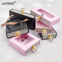 Vente en gros de boîte à cils avec strass imprimé de diamants boîte à cils vide à paillettes bling pour cils de vison à bande complète