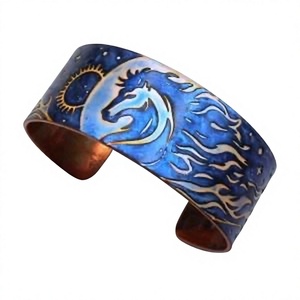 Vintage Copper <b>Charm</b> Bracelet 18K Gold Plated Blue Night Sky <b>Moon</b> Star Equestrian Horse Head Pattern Wide Unisex - Product Image 1