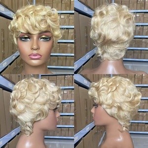 Perruque courte bouclée en <span class=keywords><strong>cheveux</strong></span> humains pour femmes noires, avec coupes courtes superposées sans dentelle - Product Image 4