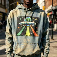 Ensemble sweat à capuche et pantalon de survêtement vintage délavé avec logo personnalisé B2B, motif UFO, pour homme, style streetwear rétro, effet délavé à l'acide, vente en gros OEM